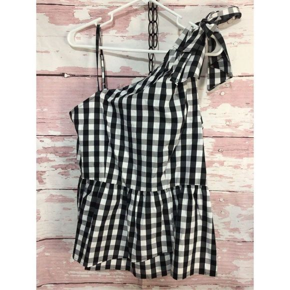 NWT Who What Wear Size Medium One Shoulder Top Checked Black & White - Picture 1 of 16